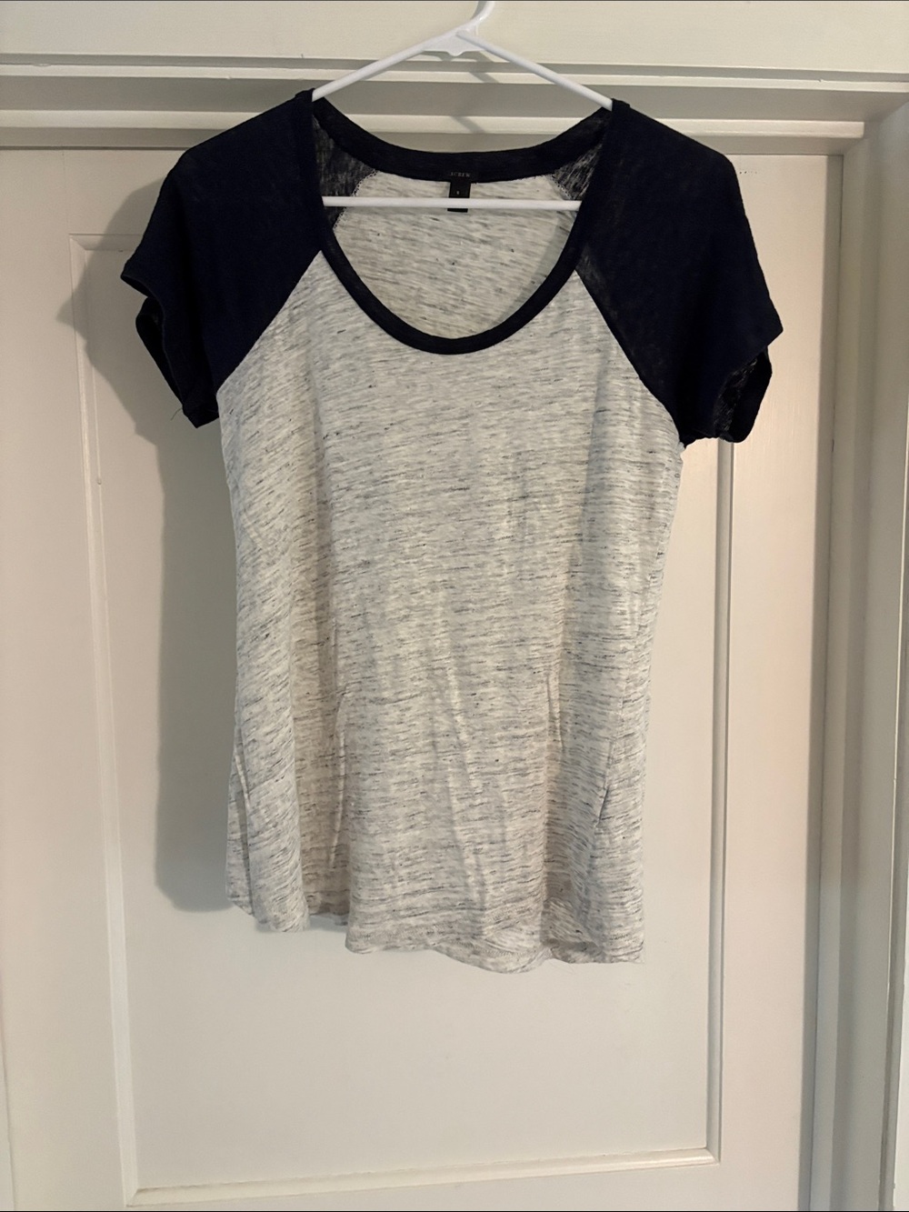 J. Crew Heathered Light Gray Tee with Navy Blue Raglan Sleeves